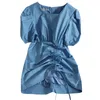 Korean ruffles drawstring tie was thin bag hip short dress women summer temperament solid color high waist mini 210420