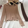 Women's Spring Autumn Tops Korean Pure Color Fake Two-piece Round Neck Long-sleeved Shirt Slim Short Bottoming Top QX882 210507