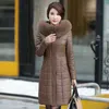 L-8XL Dames Lange Lederen Overjas Winter Moeder Sheepskin Coat Thicken Warm Bont Collar Hooded Jacket Bovenkleding Vrouwelijke 211110