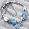 Blauer Charm-Anhänger aus 925er-Sterlingsilber, fünf Blütenblätter, Blume, passend für europäische Armbänder für Frauen, Cinderella-Kristall-Schuhperlen, Schlangenkette, Modeschmuck, CVIK