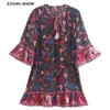 Women blue red flower Crane print Short Dress Holiday V neck Tassel Stream 3/4 Sleeve Ruffles Hem Dresses Vestido 210429