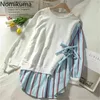 Nomikuma Causal Fake Dos piezas Mujer Sudadera Rayas Patchwork Sudaderas con capucha de manga larga Otoño Coreano Bot Tie Jumper 6C834 210427