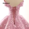 High-end Candy Pink Prom dresses 2021 Ball Gown Off-The-Shoulder Short Sleeve Flower Appliques Lace Sweep Train Ruffle Backless Formal Quinceanera Dresses