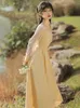 Yosimiの女性のドレス春の黄色い格子縞のパッチワークメッシュミッドカーフフィットとフレアパフ長袖エレガントなドレス210604