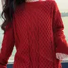Knitted Red Crew Neck Midi Sweater Dress Autumn Winter Elegant Long Sleeve Stragiht Loose Ruffle Cable Solid D1564 210514