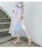 Qooth Rainbow Colorful Mesh Плиссированная юбка с высокой талией Fairy Summer Long Sweet All Match Эластичная юбка-трапеция QT644 210609