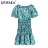 Kobiety Chic Moda Floral Print Ruffled Smocked Mini Dress Square Collar Krótki Rękaw Suknie Mujer 210420