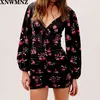 Vrouwen Romantische Rose Print Mini Jurk Meisjes Gollowy Mouw V-hals Shirred Rok Neamed Bodice Panels Full Bell Sleeves 210520