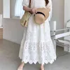 Fashion Korea Chic Temperament Elegant Loose Embroidered Lace Hollow Out Dresses Women's Sexy V-Neck Puff Sleeve Vestidos 210520