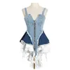 Damenjacken Sling Denim Jacke Rock Frauen Korsett Patchwork V-Ausschnitt ärmellos rückenfrei Sexy Reißverschluss Designer unregelmäßiger Saum Slim Mini