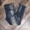 Fashion Streetwear Men Jeans Slim Fit Elastic Destroyed Ripped Denim Trousers Painted Spliced Designer Hip Hop Punk Biker Pants 211011