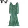 Women Chic Fashion Floral Print Side Slit Midi Dress VIntage Tied V Neck Lantern Sleeve Female Dresses Vestidos 210507