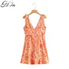 H.SA Femmes Robes Sexy Bas Col V Dos Nu Robes Plissées Bow Tied Midi Orange Floral Robe D'été Robe 210417