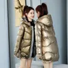 Down Cotton Coat Women Winter Fashion Korean Mid-length Shiny Hooded Green Outerwear Loose Thicken Jacket Female LR1343 210531