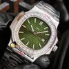 40mm 5711/1300A-001 Sport Watches Cal.324 Automatic Mens Watch Green Textured Dial Stainless Steel Bracelet Big Square Diamond Bezel Hello_Watch