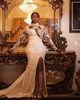 Hoher Kragen Afrikanisches Meerjungfrau-Hochzeitskleid mit langen Ärmeln Spitze Applikationen Perlen Vintage Brautkleider Sexy Seitenschlitz Vestido De Novia