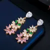 Gorgeous Pink Green Cubic Zirconia Crystal Long Dangle Drop Flower Leaf Earrings Fashion Women Jewelry CZ615 210714
