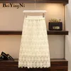 Women Vintage Skirt Plus Size Lace High Elastic Waist Spring Summer Midi s Lady Solid Black Hollow Out 4XL 210506