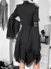 Casual Dresses Gothic Sexig Off Shoulder Black Dress Women Chic Holled Out Lace Edge Pentagram Design Punk Style Y2K Party Mini Vintage