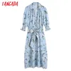 En kvinna chic mode blå blommig utskrift Midi skjorta klänning med bälte kontor dam klänningar vestidos be540 210416