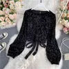 Women Autumn Winter Blouse All-match Sequins O-Neck Shirts Long-sleeved Open Back Lace-up Bow Short Tops Female Blusa GX1082 210507
