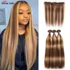 Ishow Transparent Lace Frontal Highlight Human Hair Bundles with Closure Brazilian Body Wave 3/4 Pcs Peruvian Straight Malaysian for Women 8-28inch Ombre Color
