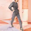 Casual Denim Jumpsuit For Women O Neck Long Sleeve High Waist Lace Up Bowknot Minimalist Jumpsuits Female Fashion Style 210531