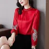 レディースブラウスシャツ韓国の女性シャツシルク女性刺繍ブラウス長袖トップスサテンプリントトッププラスサイズ3xL