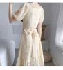 Simple and Elegant Solid Yellow Female Summer Square Collar Puff Sleeve Sashes Slim Big Swing A Line Mid-Calf Dresses 210514