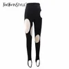 Twotwinstyle Casual Black Hole Spodnie Dla Kobiet Elastyczna Wysoka Talia Minimalistyczny Slim Ołówek Spodnie Kobiet 2021 Moda Lato Nowy Q0801