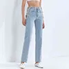 Łańcuch dżinsy dla kobiet Wysoka talia Hollow Out Straight Vintage Casual Blue Denim Spodnie Kobieta Moda Odzież 210521