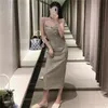 Yaz Kadın Elbise Rustik Çizgili Kayma Uzun Elbise Kadınlar Zarif Dantelli Spagetti Kayışı Midi Seksi Parti 210519