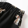 Femmes Vintage tigre imprimé jambe large pantalon rétro affaires Femme motif Animal taille élastique poche Chic Long pantalon P962 210420