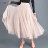 Verão duas camadas malha grande saia balanço moda elegante vestido de bola plissado elstico cintura alta rosa maxi tornozle 210604