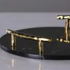 Kitchen Storage & Organization European Black Marble Round Tray Luxury Stainless Steel Handle Jewelry Plate Decorative