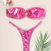 Sexy Shiny Leather Bikini 2021 Women Solid Blue Off Shoulder Front Ring Swimsuit Bathers StraplBathing Suit Thong Swimwear X0522