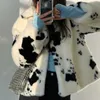 Winter Faux Fur Coats Women Thick Cow Print Long Sleeve Turn-down Collar Jacket White Korean Fashion Warm Female Short Coat 211007