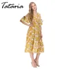 Tataria print bloem chiffon jurk vrouwen hoge taille lange korte mouwen t-shirt vrouwelijke elegante strand es 210514