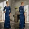 Stilvolle marineblaue Meerjungfrau-Mutter der Brautkleider 2021, Spitzenärmel, elegantes Hochzeitsgastkleid, Satin, bodenlang, Abendparty-Kleider, Mutterrock