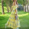 Ruffle Puff Sleeve Floral Print Dress for Women Vintage Summer Maxi Long Yellow Boho A-line Beach Hooliday 210427