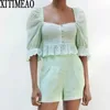 Za Kvinnor Söt Fashion Solid Färg Broderi Blusar Vintage Square Neck Puff Sleeve Frenulum Of Back Female Chic Short Tops 210602