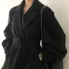 Printemps femmes Vintage col rabattu lanterne manches laine manteau décontracté taille haute mince solide avec ceinture 210423