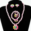 Kids Meisjes Sieraden Set Kralen Bloemen Charms Hangers Ketting Ring Oor Clips Armband Accessoires Roze Rose