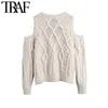 TRAF Women Fashion Bobble Appliques Hollow Out Knitted Sweater Vintage O Neck Long Sleeve Female Pullovers Chic Tops 210415