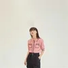 Sommer leichtes gestricktes T-Shirt Damenmode Revers Kurzarm-Strickjacke Taschendesign rosa kurzer lockerer Wollmantel 210623