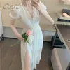 Summer Women Midi Party Short Sleeve Elegant Lady White Lace Embroidery Sexy Slit Tunic Beach Dress Vocation 210415