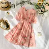 Neploe Chic Flower Pattern Slim Waist Dresses Kvinnor Sommar Sexig V-Neck Sweet Femme Vestidos Fresh Fashion Ny A-Line Dress 210423