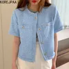 Korejpaa Dames Jassen Zomer Koreaanse Chique Dames Vintage Ronde hals Raw Edge Design Single-Breasted Losse Tweed Jacket 210526