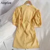 Neploe Elegant Beading Patchwork Solid Dress Women Peter Pan Collar Pullover Short Sleeve Vestidos High Waist Hip A Line Robe 210423