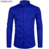 Men's Royal Blue Dress Shirts Brand Banded Mandarin Collar Shirt Male Long Sleeve Casual Button Down Shirt with Pocket 2XL 210410